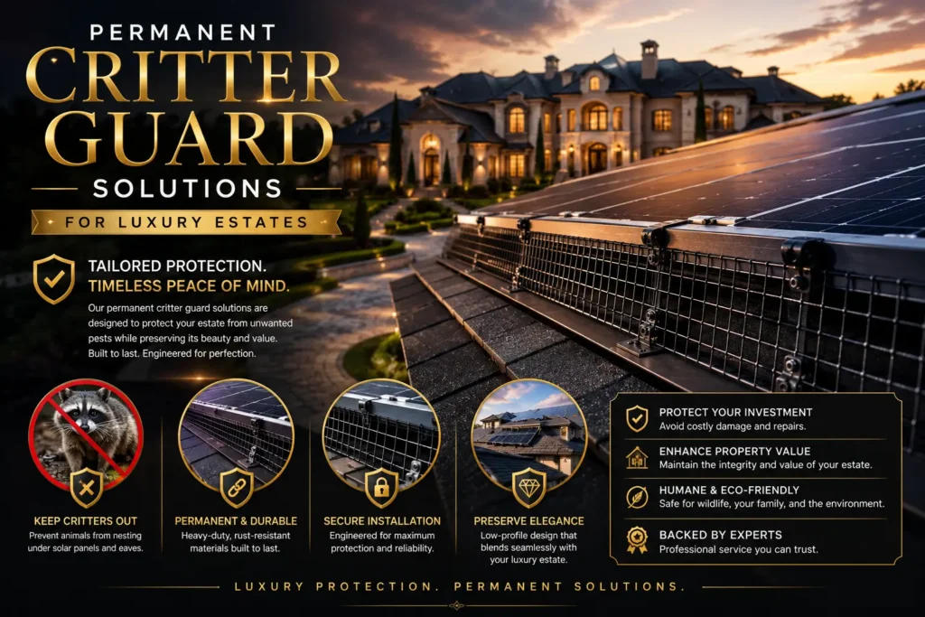 Professional installation of solar panel bird proofing Harris Ranch permanent critter guard solutions.